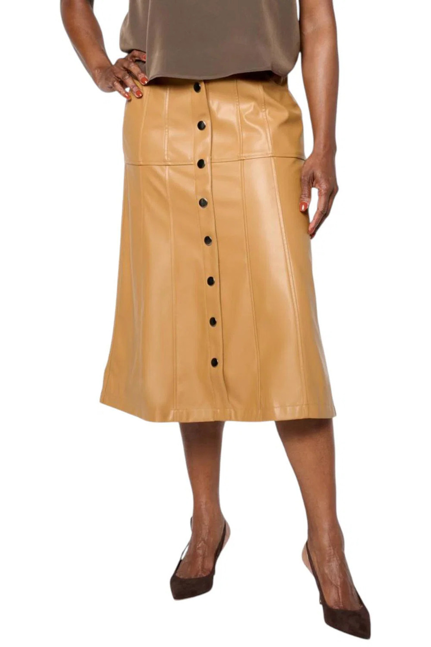 DG2 by Diane Gilman Women's Faux Leather Paneled Midi Skirt Cashew - Regular